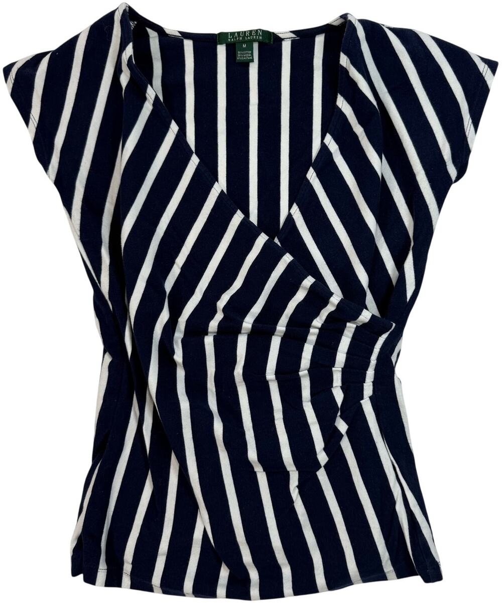 Ralph Lauren Wrap Top Blouse Shirt Blue White Striped Cap Sleeve Women’s Medium